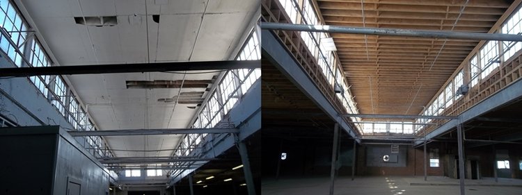 warehouse before and after cleaned ceiling
