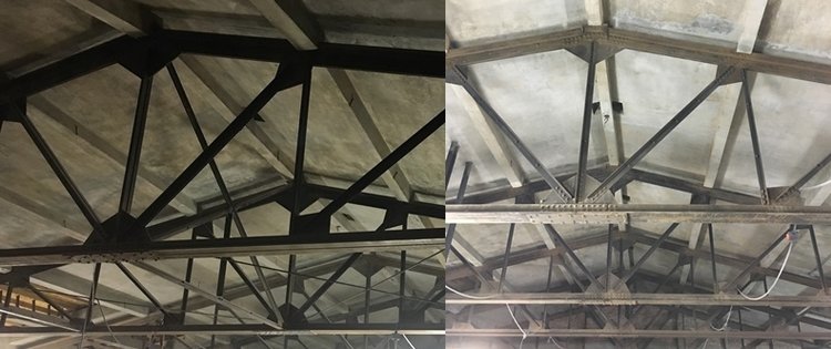 before and after cleaning photo of steel ceiling joists